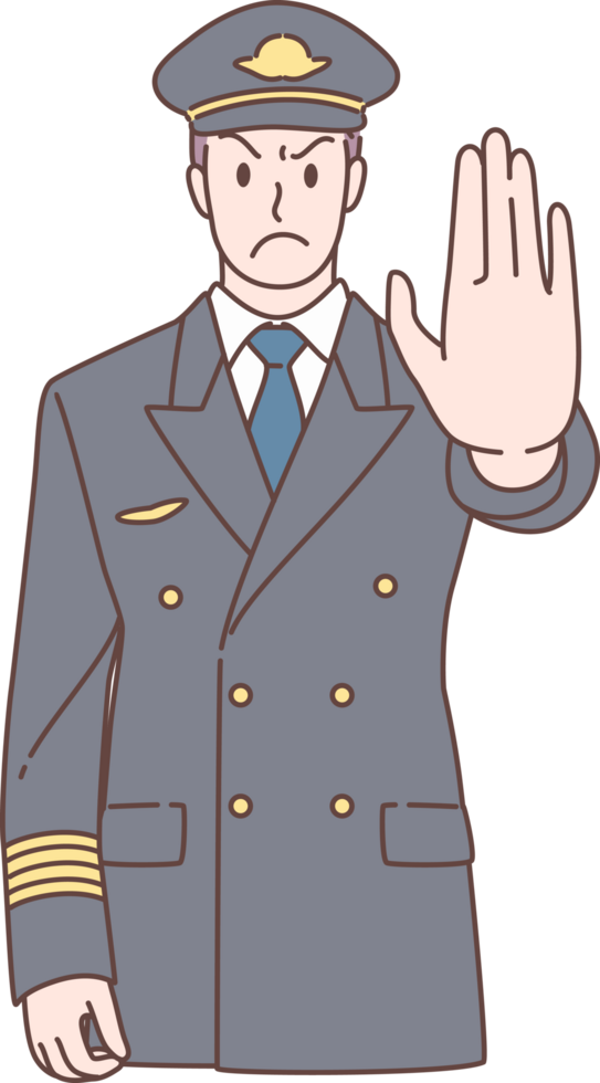 Illustration of pilot pose stop and warning signs characters. Hand drawn style. png