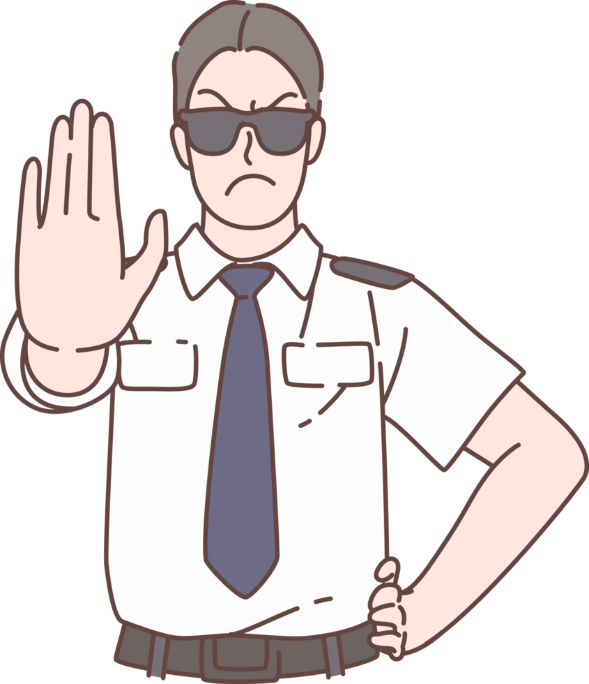 Illustration of pilot pose stop and warning signs characters. Hand drawn style. png