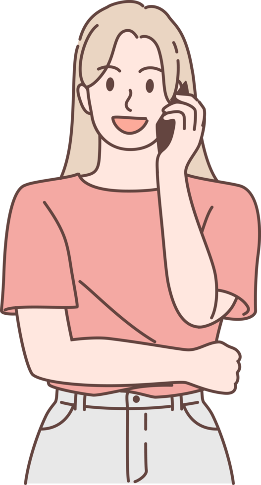 Illustration of business woman using smartphone characters. Hand drawn style. png