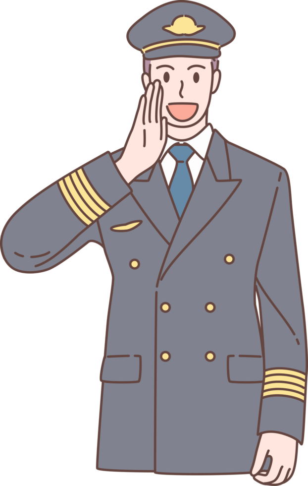 ilustración de piloto gritar fuera y anunciar caracteres. mano dibujado estilo. png