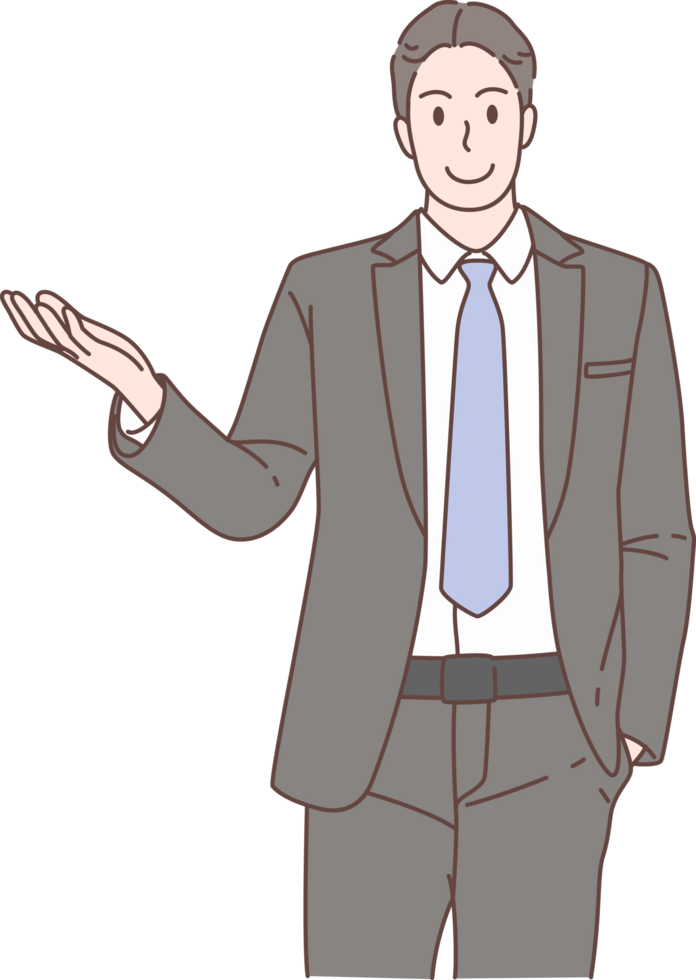 Illustration of businessman pointing and presenting characters. Hand drawn style. png