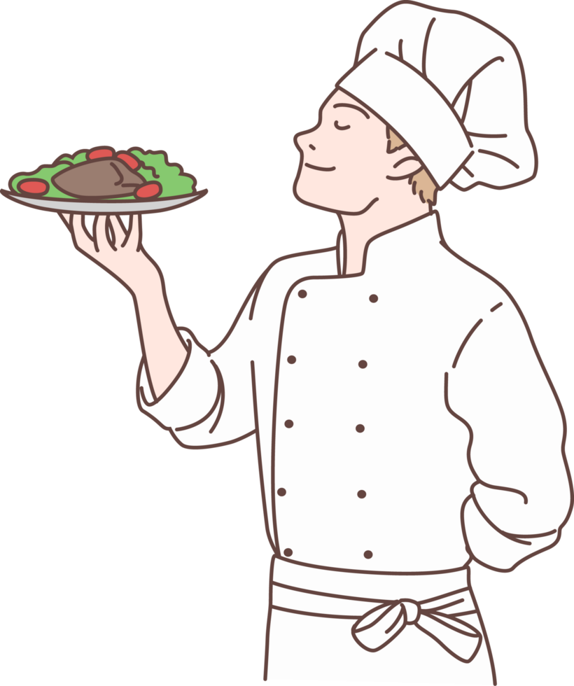 Illustration of chef characters holding food and smelling. Hand drawn style. png