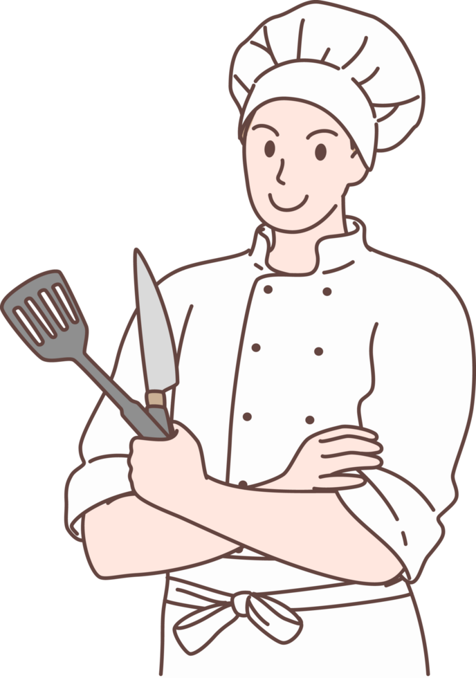 Illustration of chef holding knife, flipper and pose cross his arms characters. Hand drawn style. png