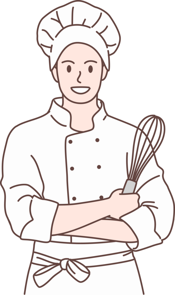 Illustration of chef holding egg whisk and pose cross his arms characters. Hand drawn style. png