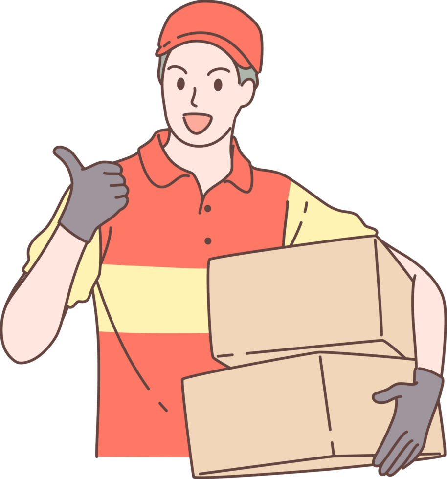 Illustration of delivery man, courier service holding box and pose ...