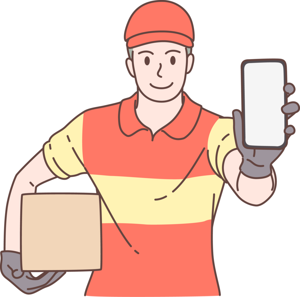 Illustration of delivery man holding box and showing smartphone presenting characters. Hand drawn style. png