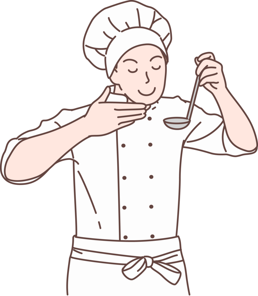 Illustration of chef smelling curry or soup characters. Hand drawn style. png