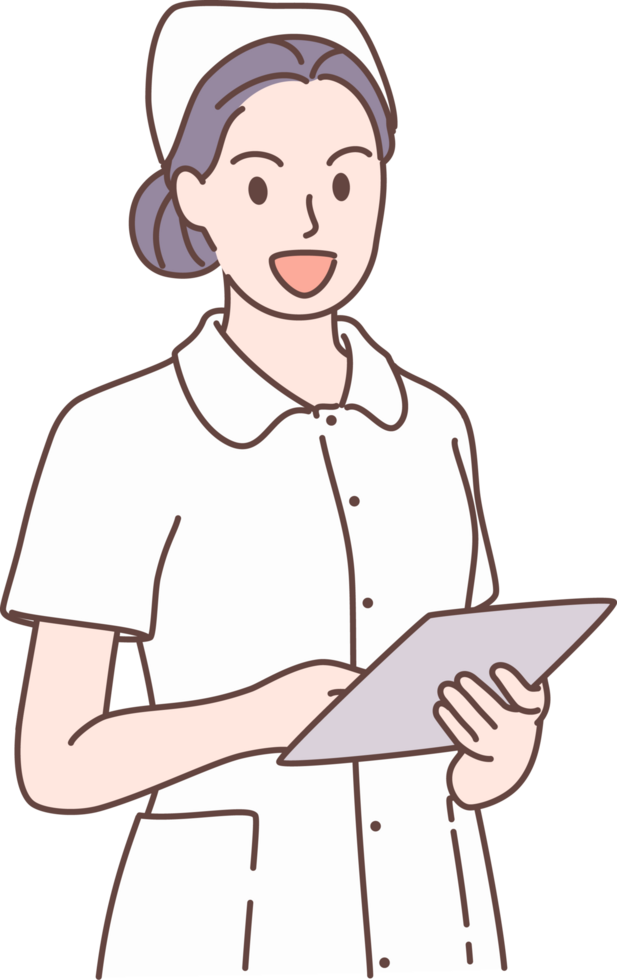 Illustration of nurses holding clipdoard characters. Concept of medical personnel and medicine. Hand drawn style. png