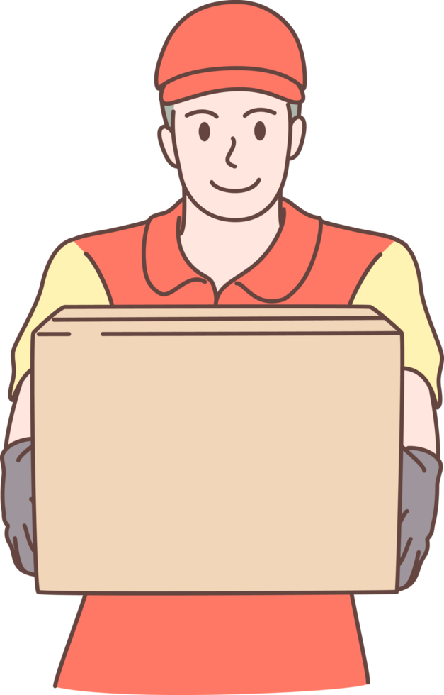 Illustration of delivery man holding box characters. Hand drawn style. png