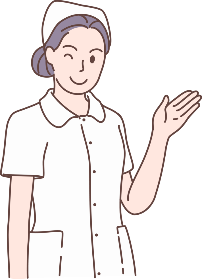Illustration of nurses pointing and presenting with hand  characters. Concept of medical personnel and medicine. Hand drawn style. png