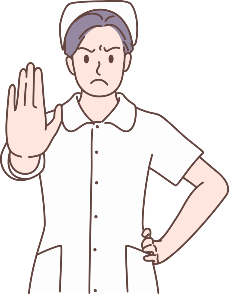 Illustration of nurses shows a gesture of stop characters. Concept of medical personnel and medicine. Hand drawn style. png