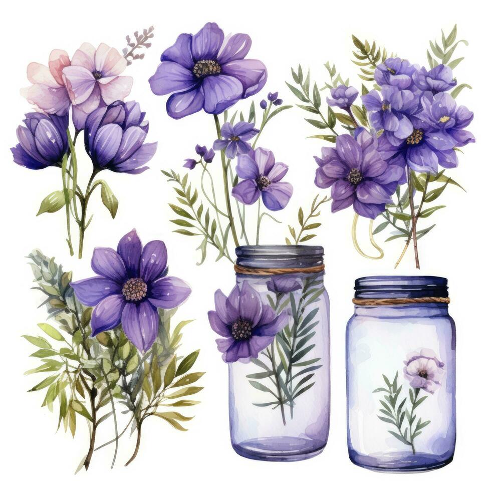 ai generado colección de acuarela masón frascos con púrpura flores clipart. ai generado foto