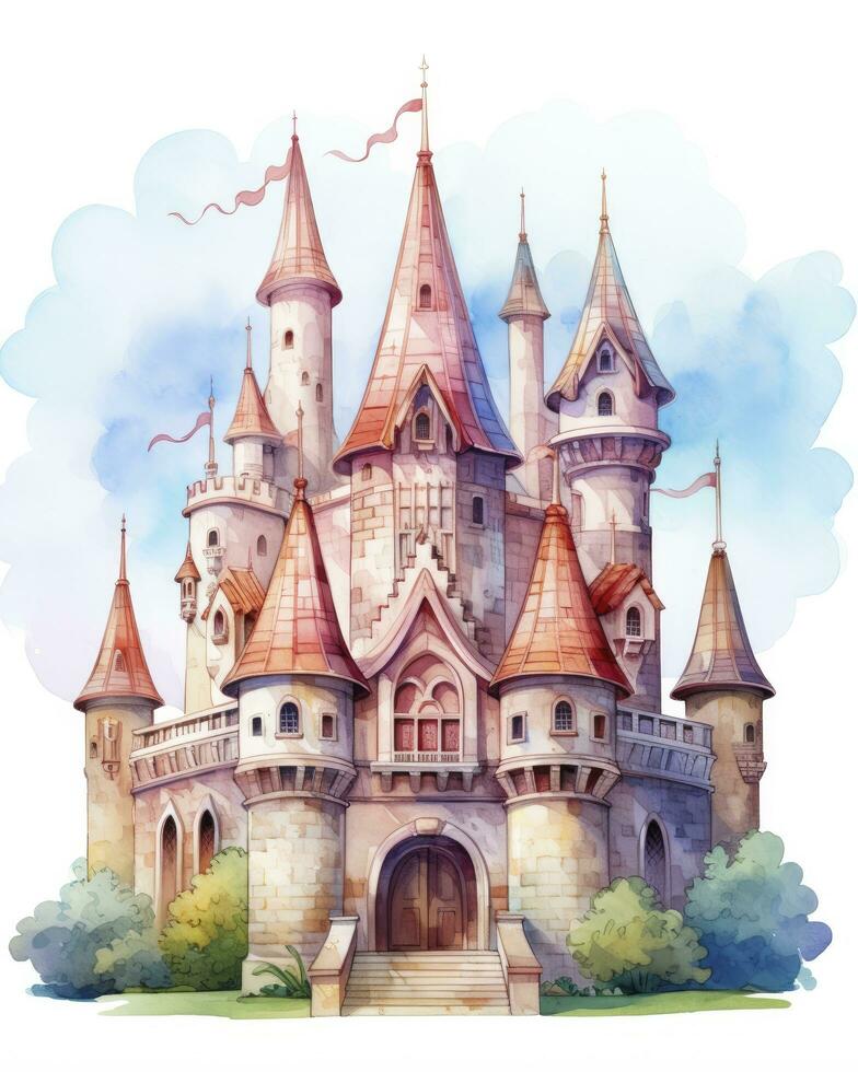 AI generated Colorful watercolor kawaii castle isolated on white background. AI Generated photo