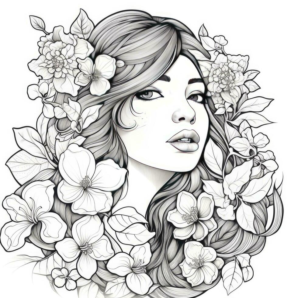 AI generated A girl on a coloring book page with Jasmine flowers. AI Generated photo