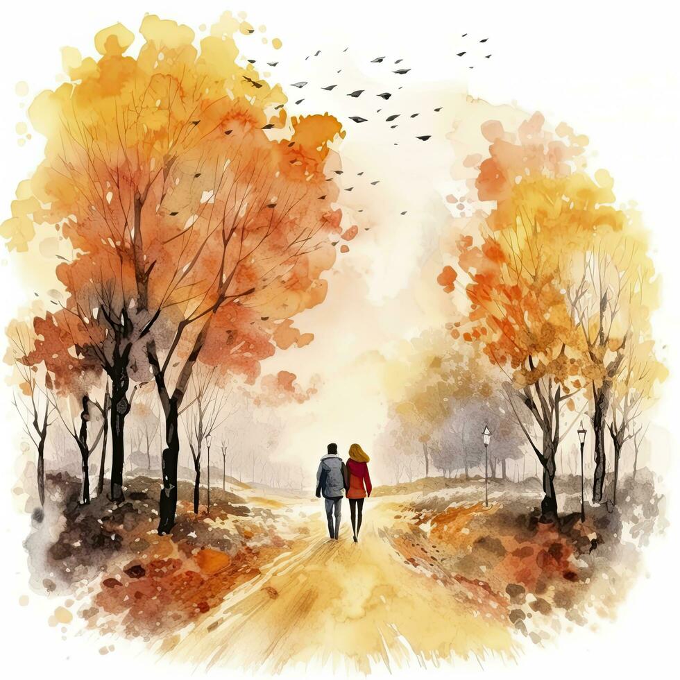 ai generado acuarela otoño paisaje con un Pareja caminando. ai generado foto