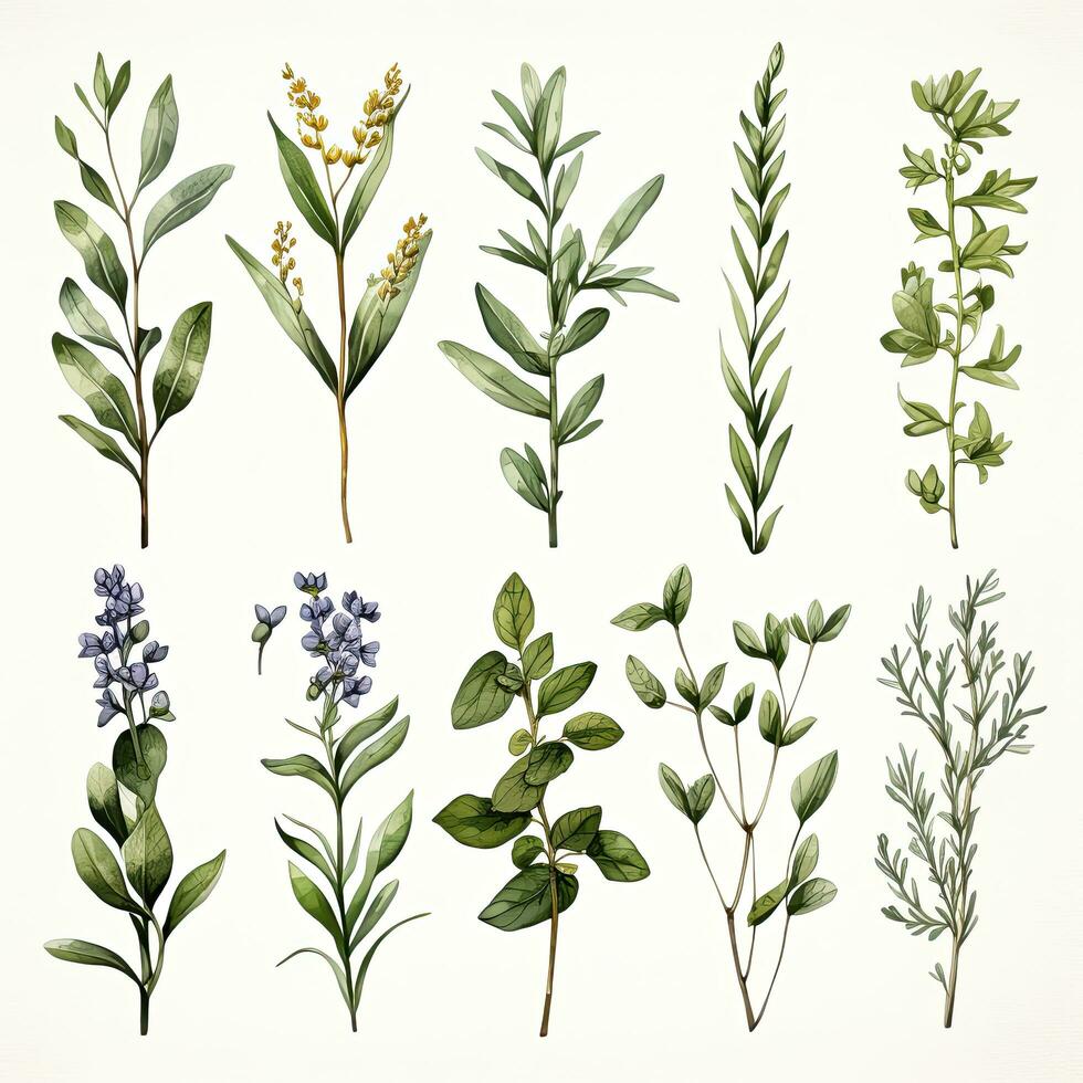 AI generated Collection of watercolor herbs clipart on white background. AI Generated photo