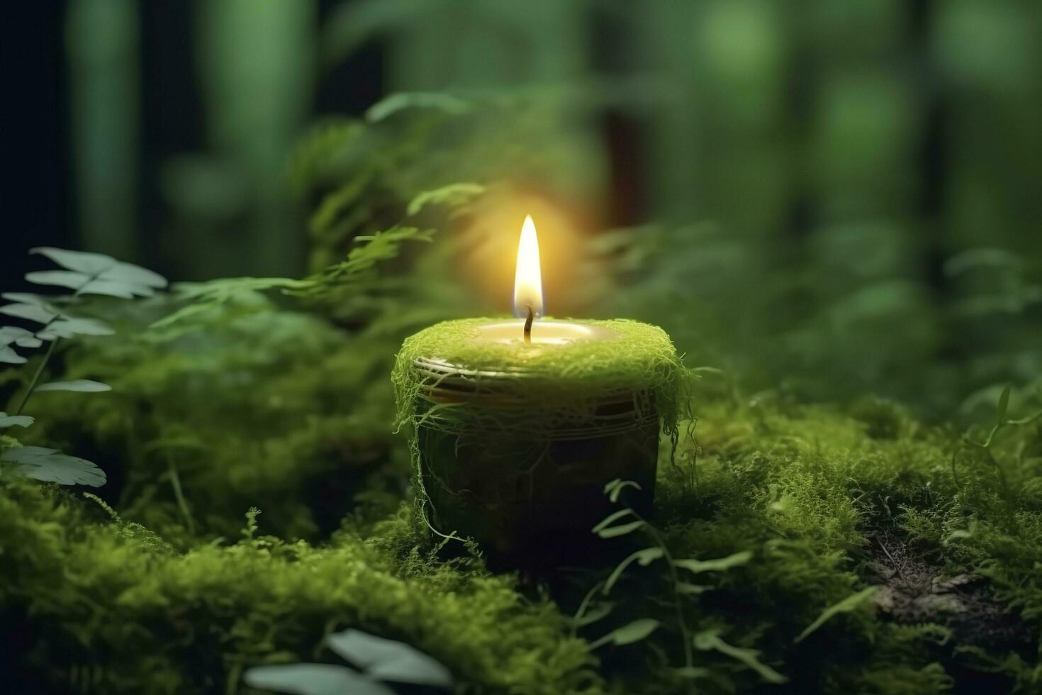 AI generated Burning candle on moss, dark green blurred the natural background. Magic candle. Generative AI photo