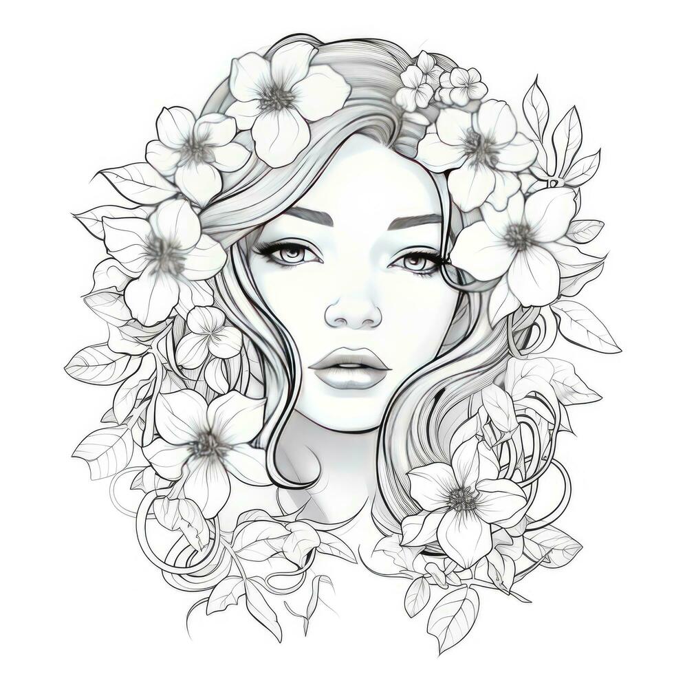 AI generated A girl on a coloring book page with Jasmine flowers. AI Generated photo