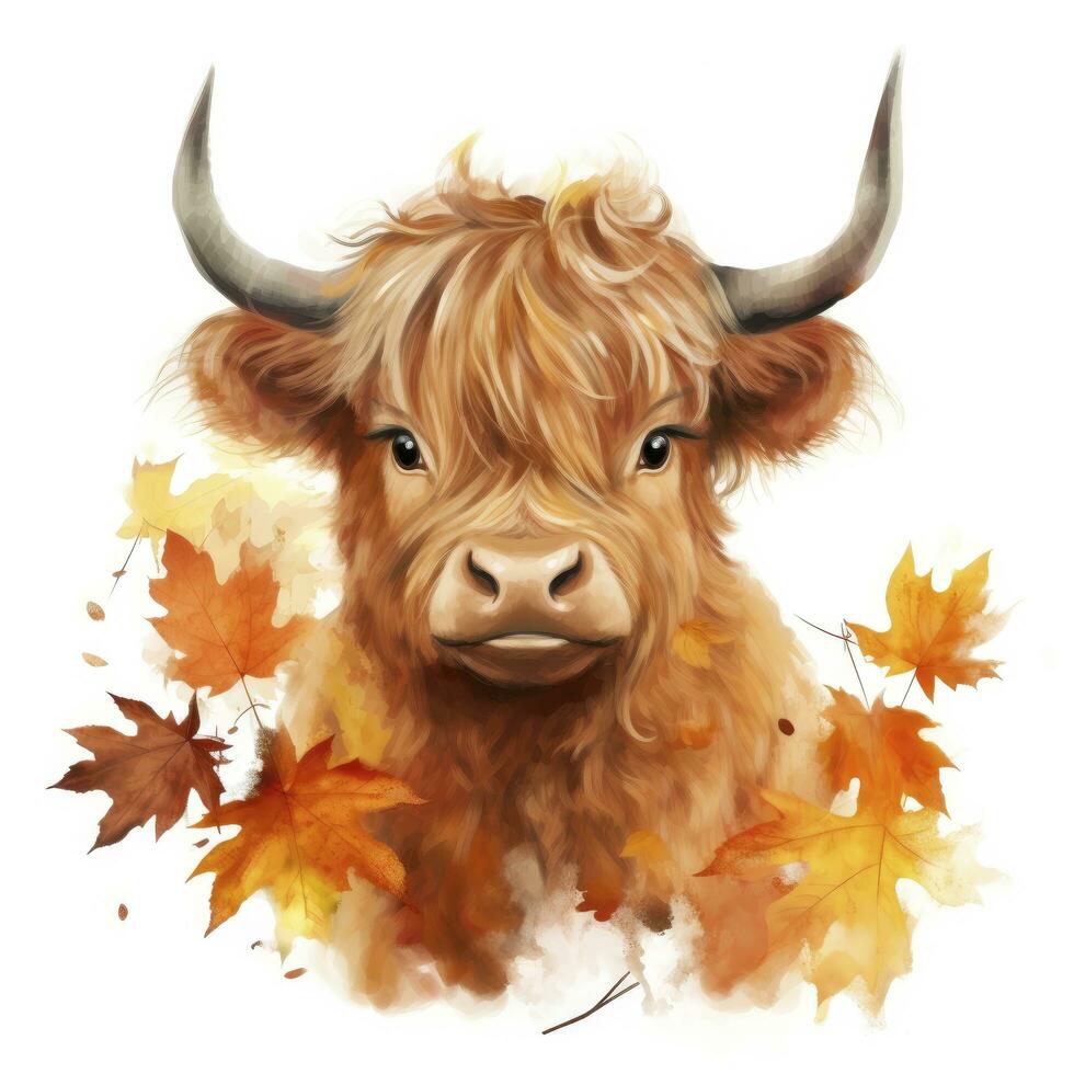 AI generated Happy cute baby highland cow in autumn leaves in the watercolor style. AI Generated photo