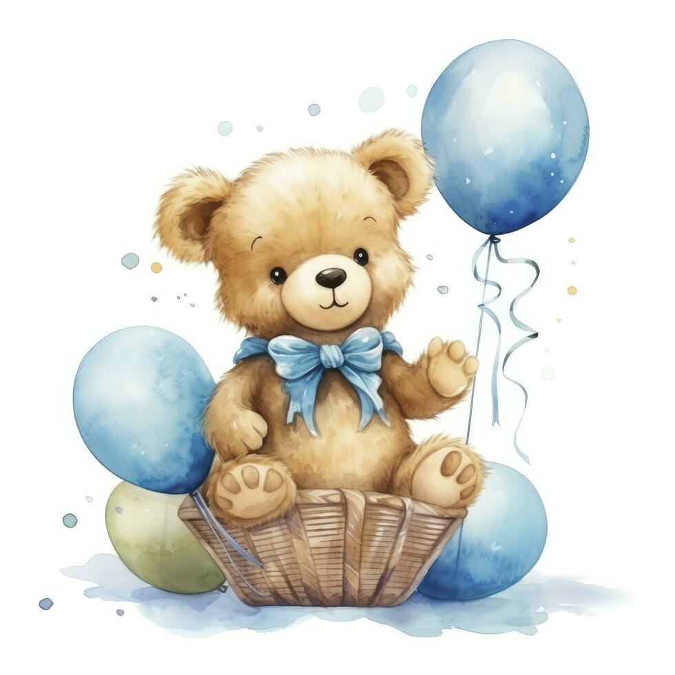 AI generated A watercolor baby teddy bear is sitting in the basket with blue and gold balloons. AI Generated photo