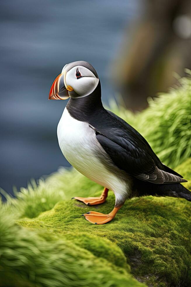 AI generated Puffin bird on a green grass patch. AI Generated photo