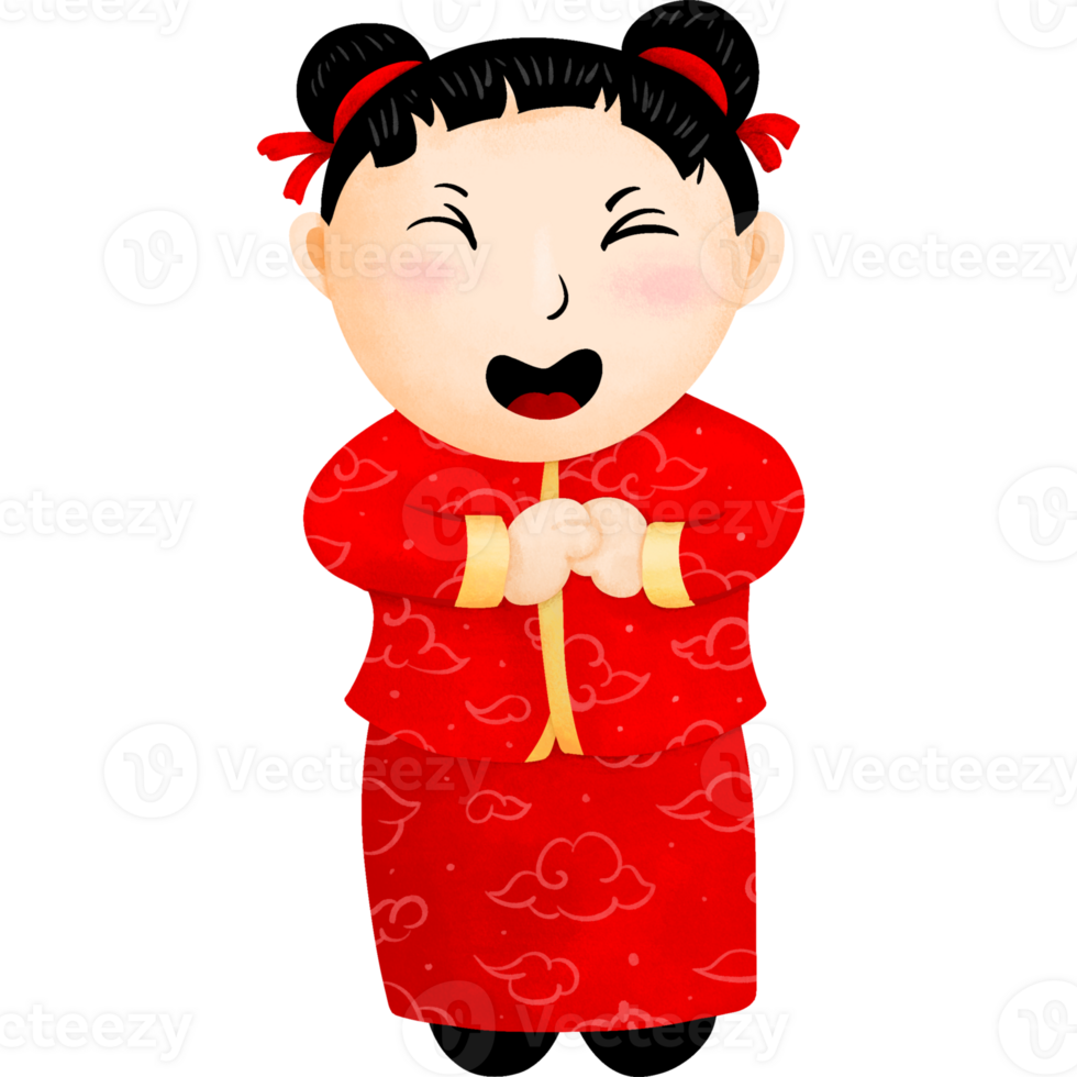Baby girls in Chinese New Year festival red costumes draw paint illustration cute design png