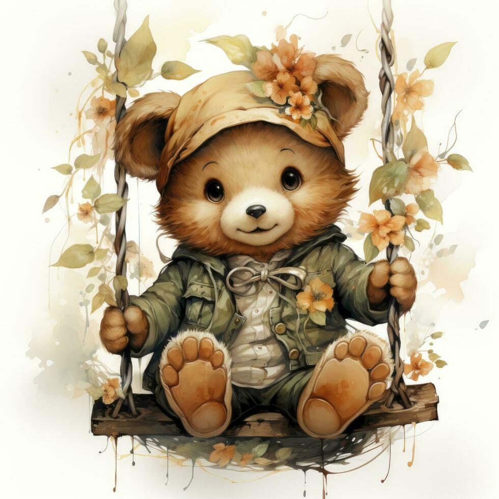 AI generated A cute happy teddy bear swings on a tree on a white background. AI Generated photo