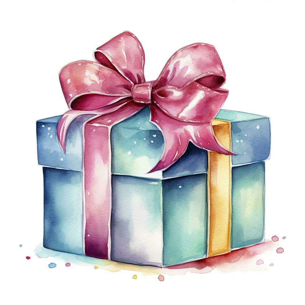 AI generated Watercolor birthday present with bow isolated on white background.  AI Generated photo