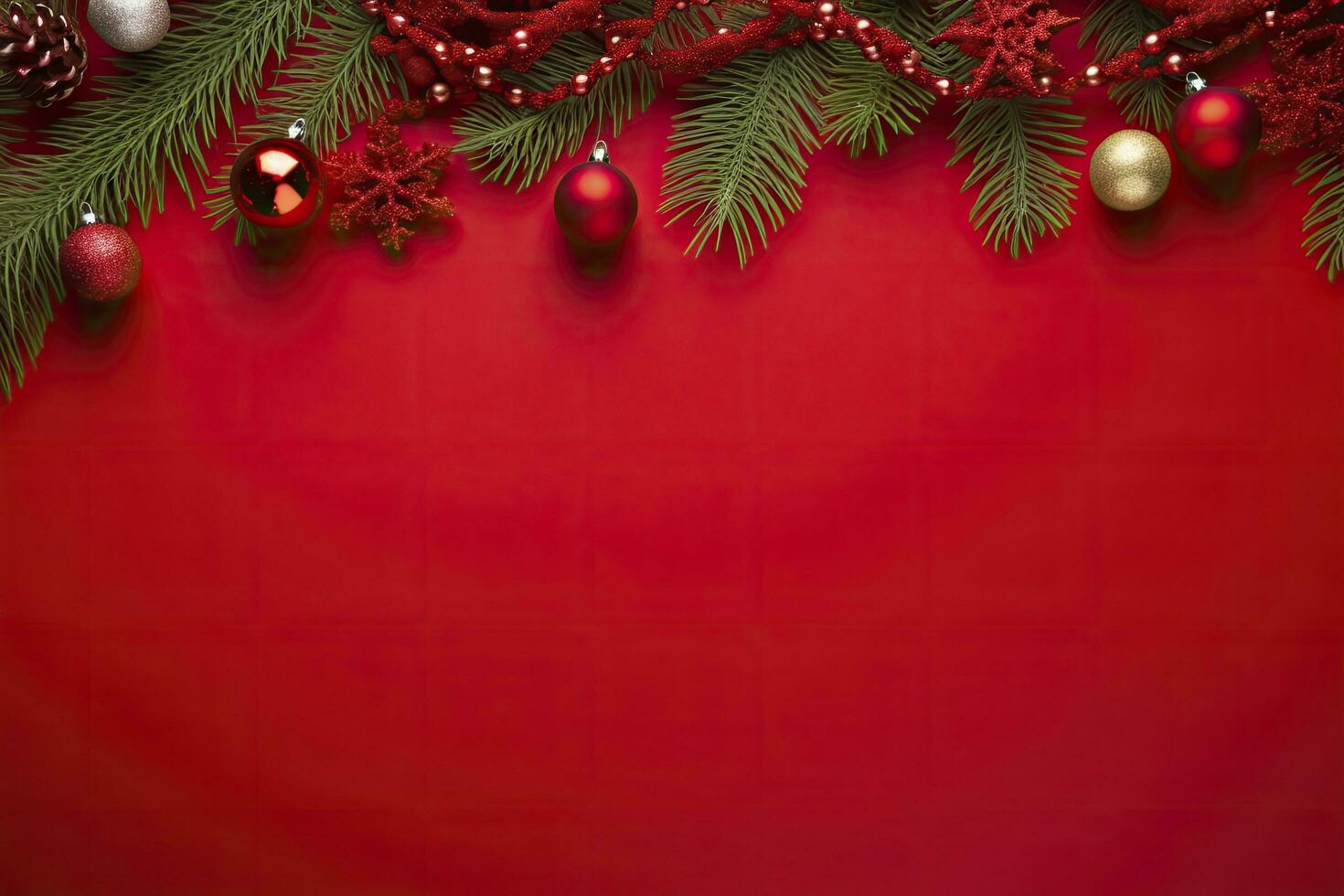 AI generated Christmas or New Year red background with fir decor. AI Generated photo