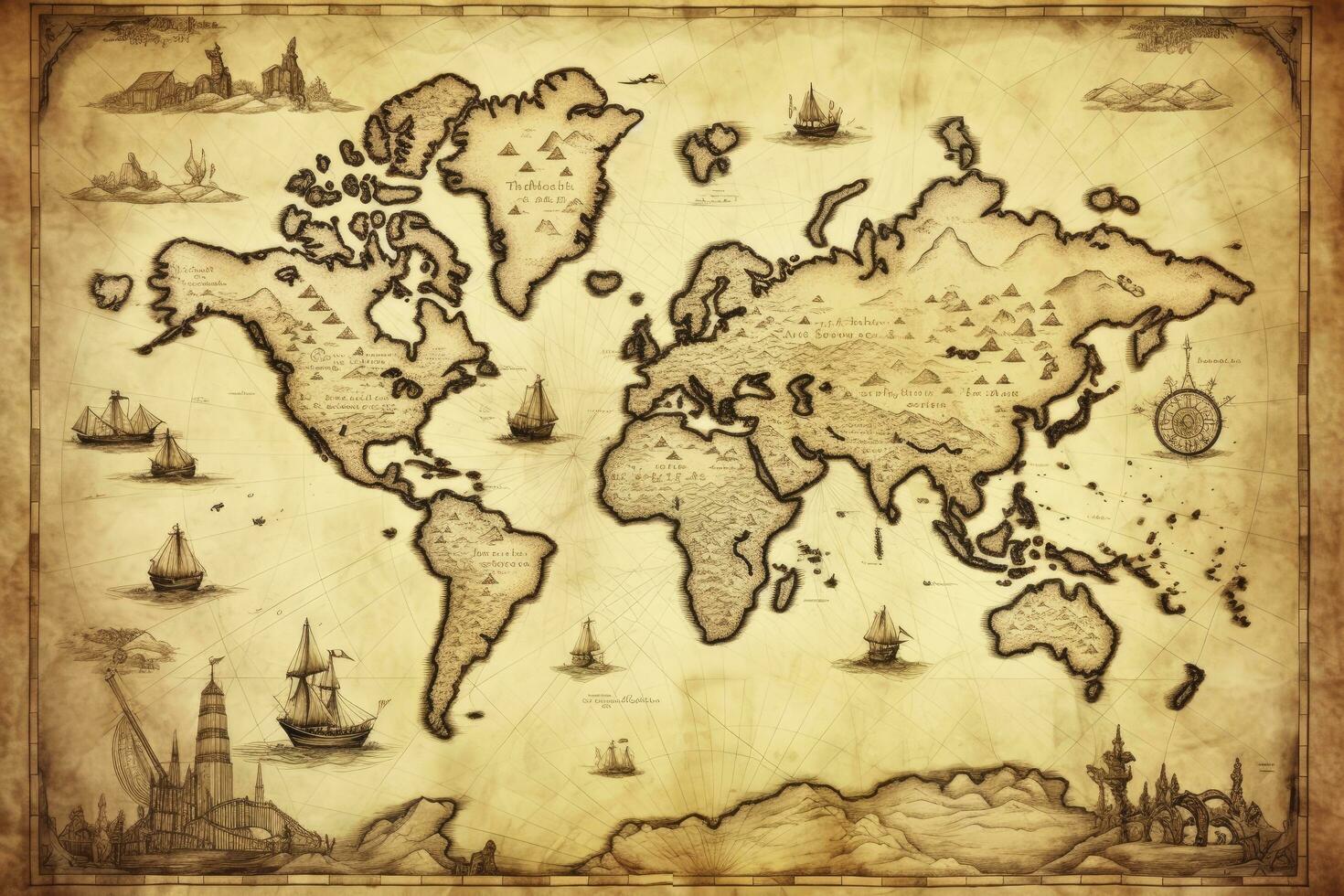 AI generated Great detailed illustration of the world map in vintage style. AI Generated photo