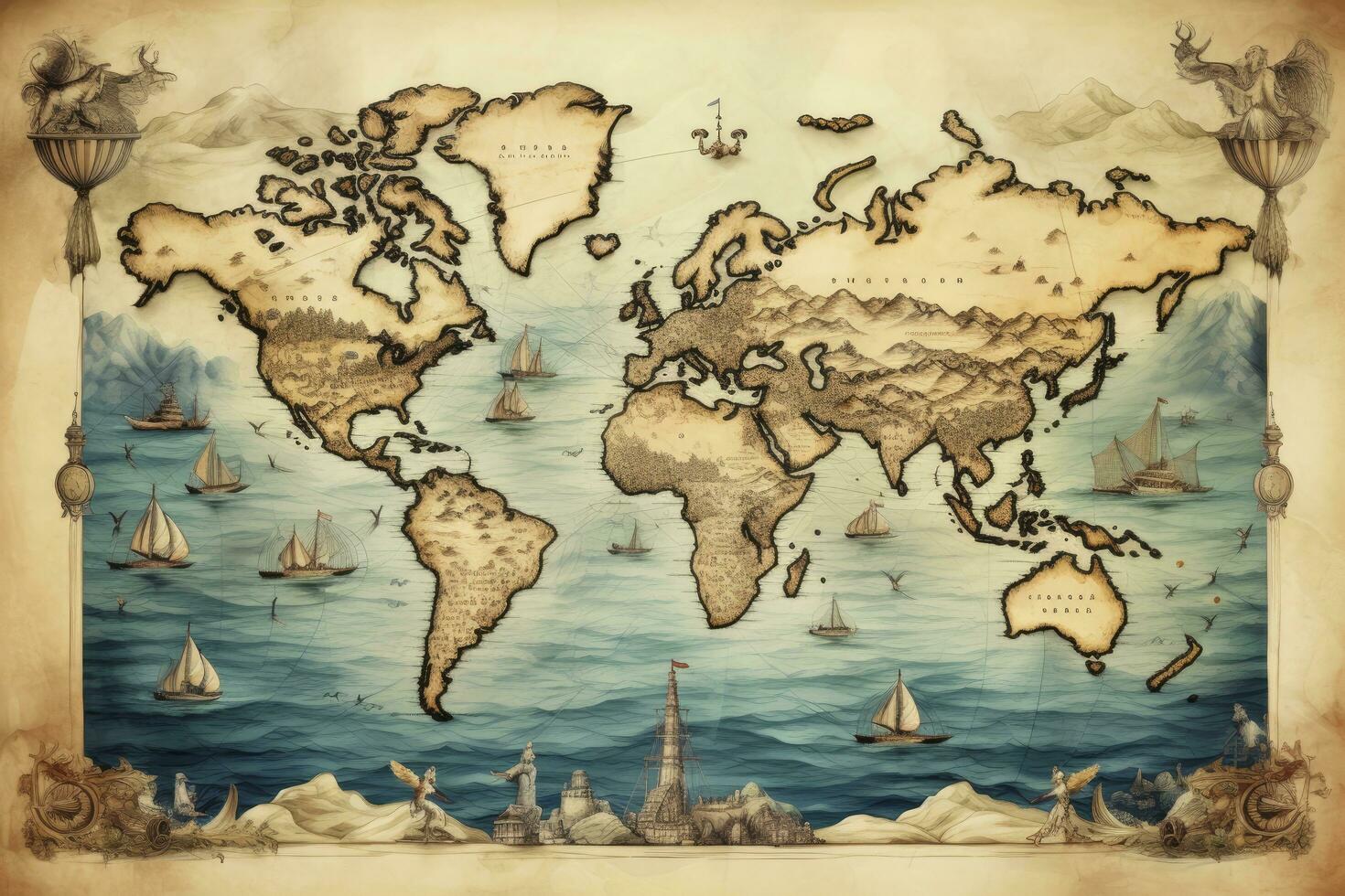 AI generated Great detailed illustration of the world map in vintage style. AI Generated photo