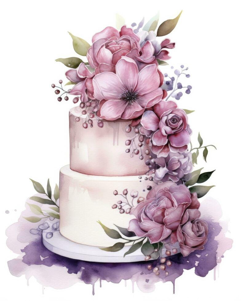 AI generated Watercolor wedding cake isolated on white background.  AI Generated photo