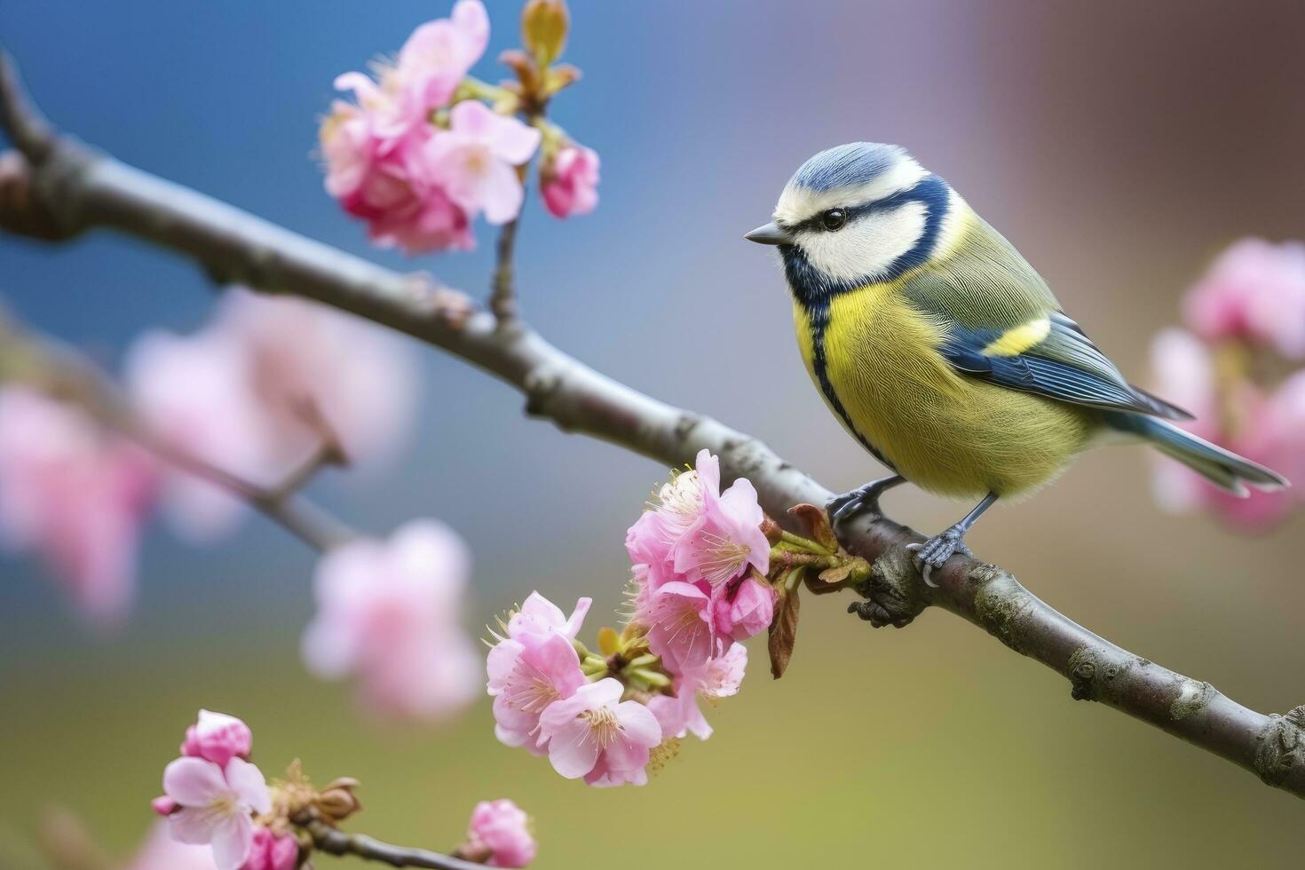 AI generated A Bluetit bird resting on the branch of a tree. AI Generated. photo