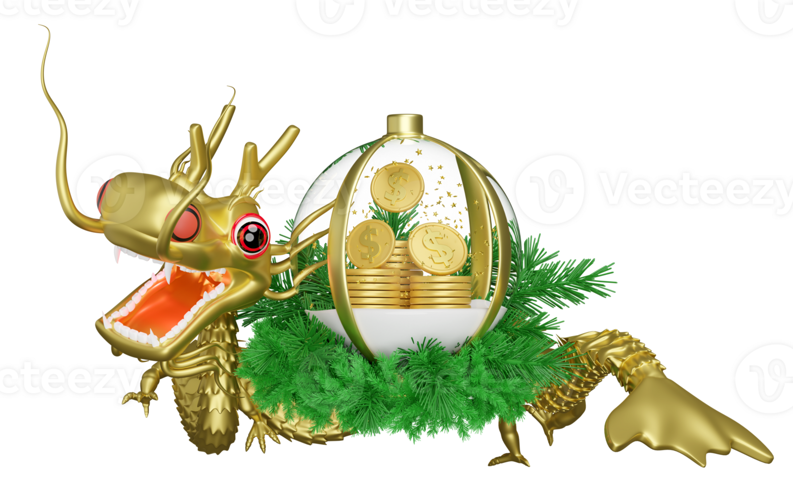 3d snow ball, ornaments glass transparent with gold dragon, dollar coins stacks, pine leaves. chinese new year 2024 capricorn. 3d render illustration png