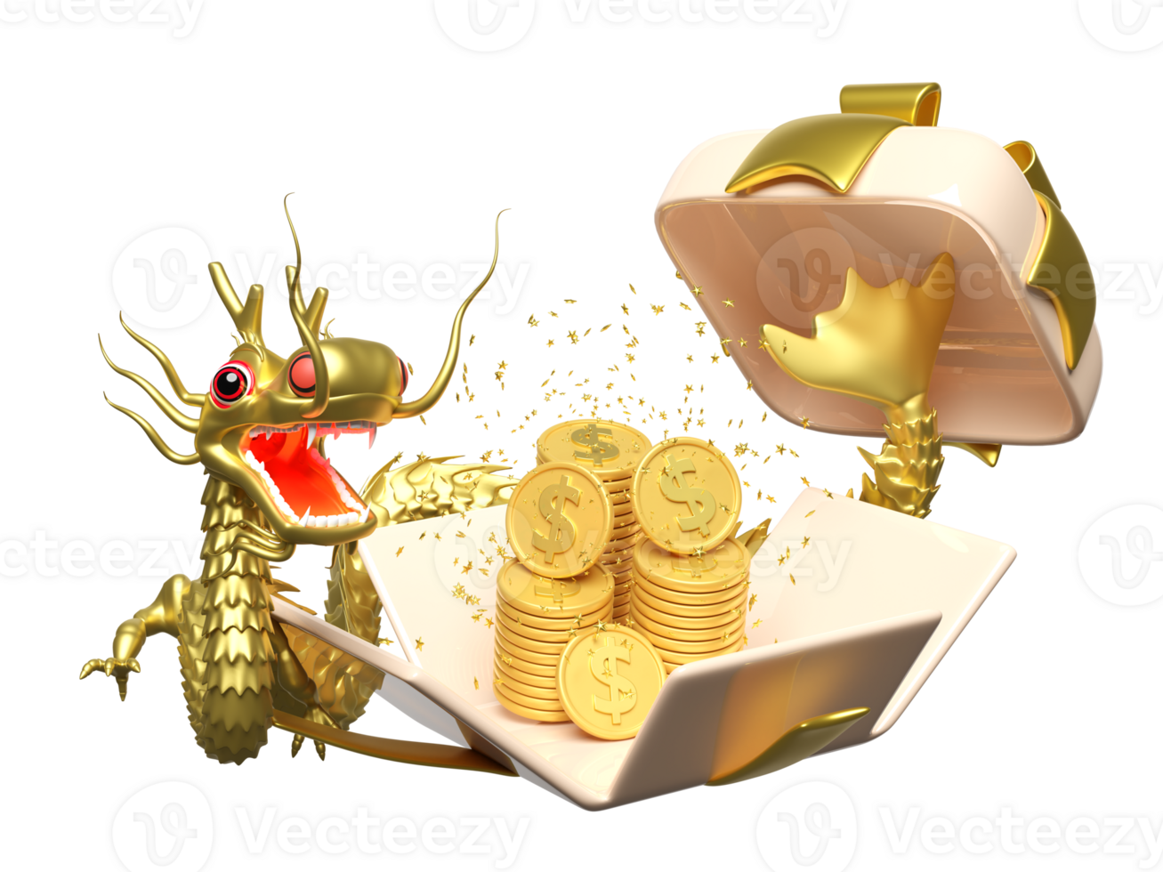 3d gift box with gold dragon, dollar coins stacks, chinese new year 2024 capricorn. 3d render illustration png