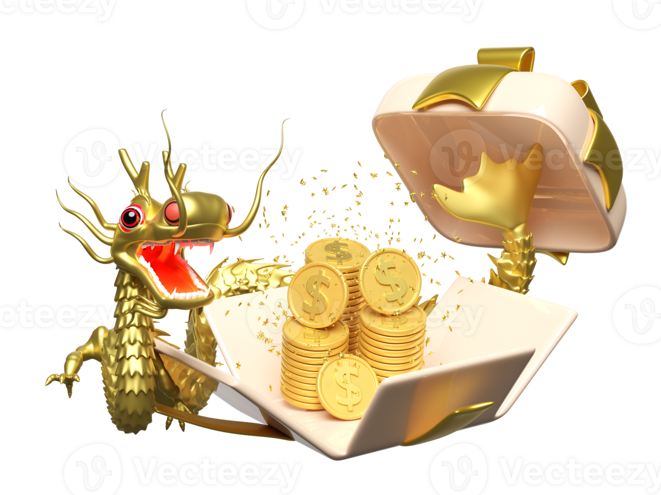 3d Geschenk Box mit Gold Drachen, Dollar Münzen Stapel, Chinesisch Neu Jahr 2024 Steinbock. 3d machen Illustration png