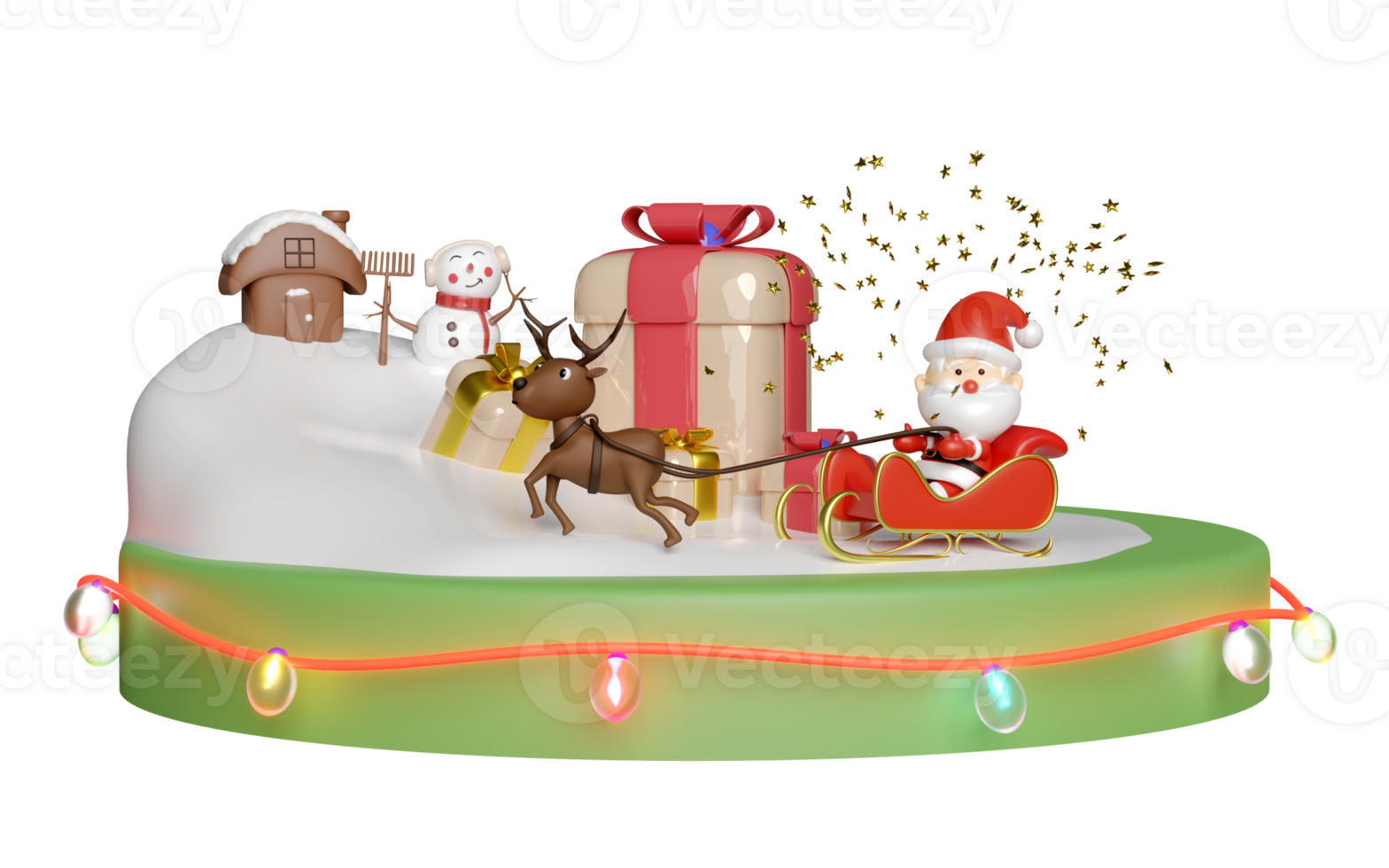 3d musical box with reindeer, Santa Claus, sleigh, gift box, snowman, snow hill, glass transparent lamp garlands. merry christmas and happy new year, 3d render illustration png
