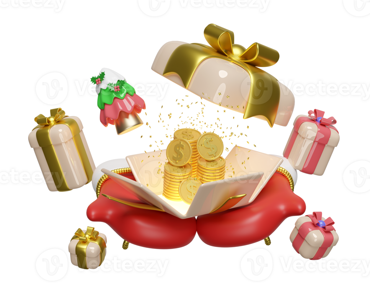 3d open gift box on warm mittens with dollar coins stacks, christmas tree. merry christmas and happy new year, 3d render illustration png