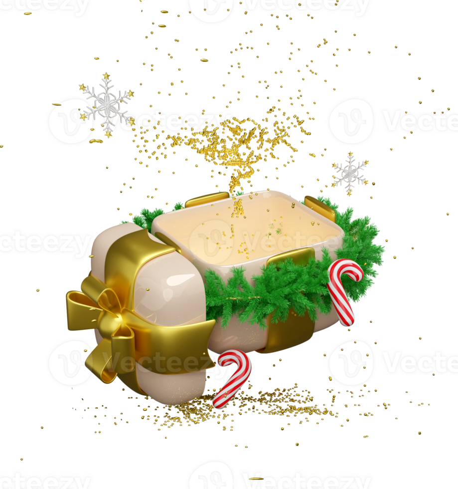3d open gift box empty with wreath pine leaves, candy cane, snowflake. merry christmas and happy new year, 3d render illustration png