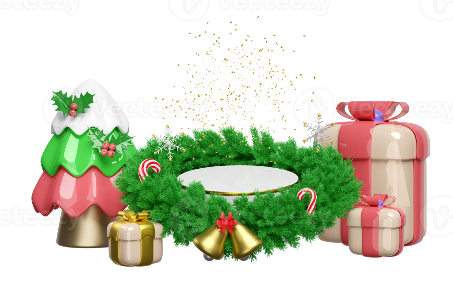 3d cylinder stage podium empty with wreath pine leaves, gift box, candy cane, jingle bell, christmas tree, snowflake. merry christmas and happy new year, 3d render illustration png