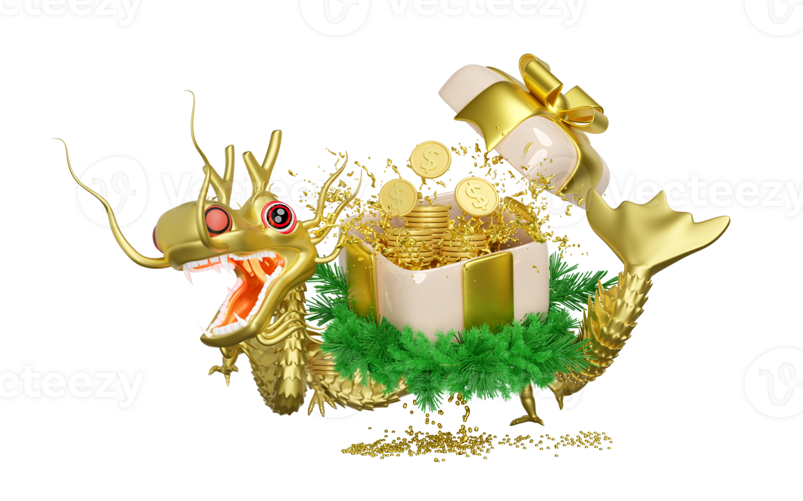 3d open gift box empty with gold dragon, dollar coins stacks, wreath pine leaves. chinese new year 2024 capricorn. 3d render illustration png