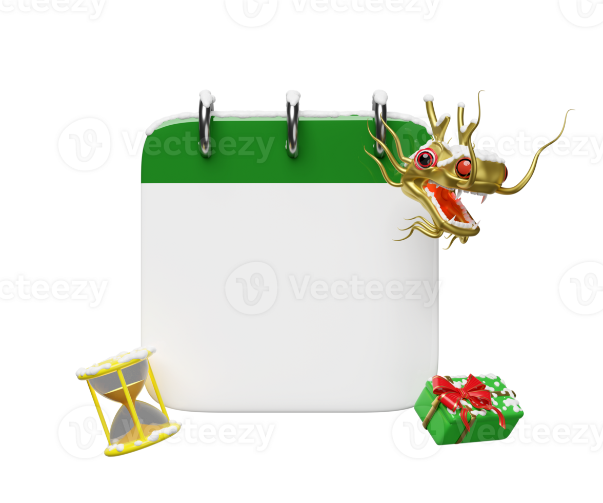 Christmas calendar with gold chinese dragon, gift box, hourglass. merry christmas and happy new year, 3d render illustration png