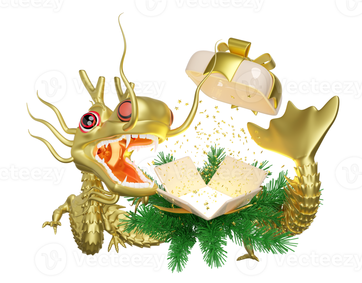 3d öppen gåva låda tömma med guld drake, tall löv. kinesisk ny år 2024 Stenbocken. 3d framställa illustration png