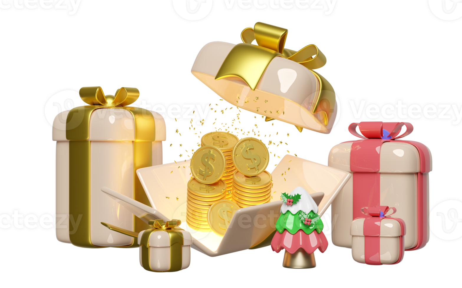 3d open gift box with dollar coins stacks, christmas tree. merry christmas and happy new year, 3d render illustration png