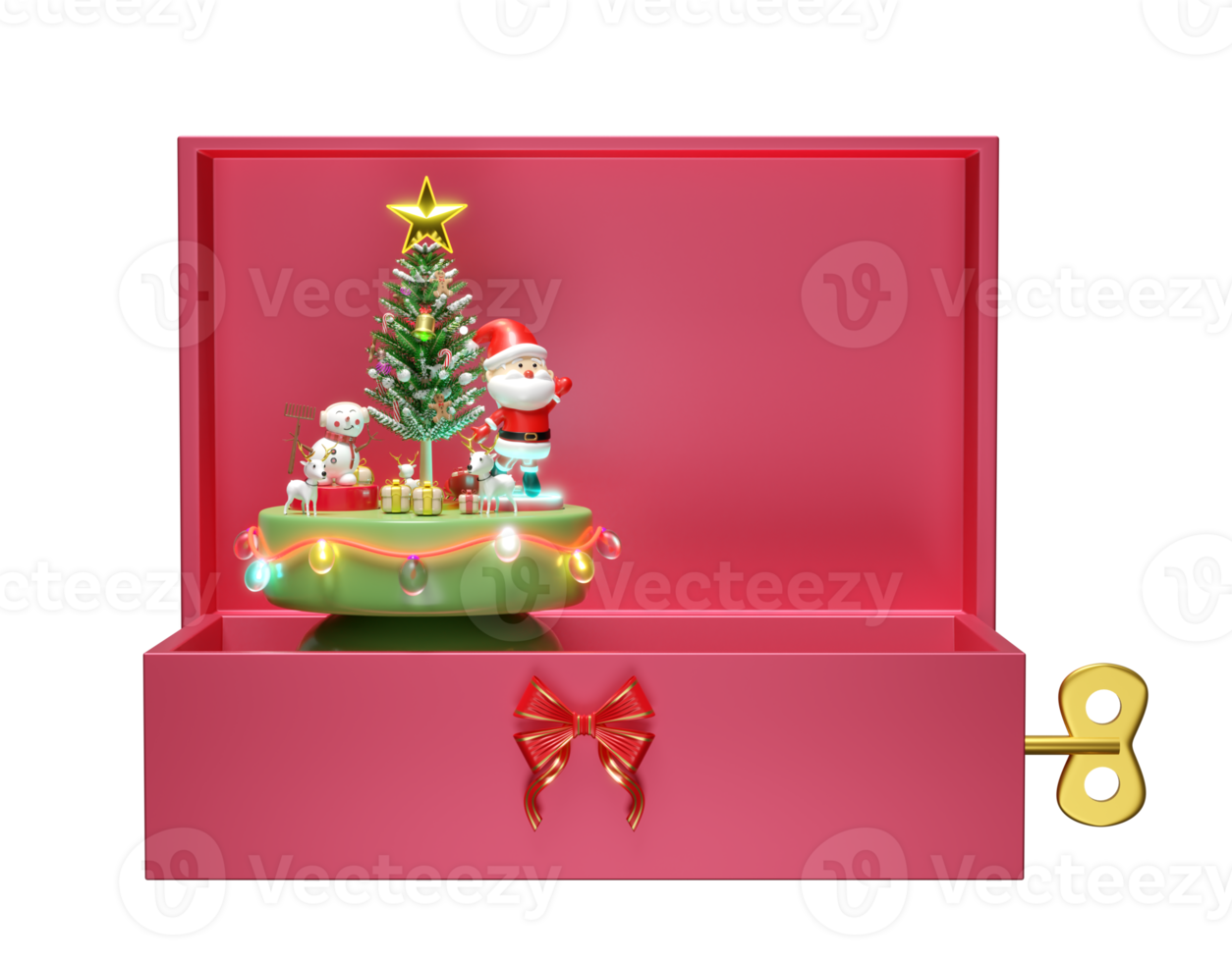 3d musical box with santa claus dance, snowman, deer, gift box, glass transparent lamp garlands. merry christmas and happy new year png
