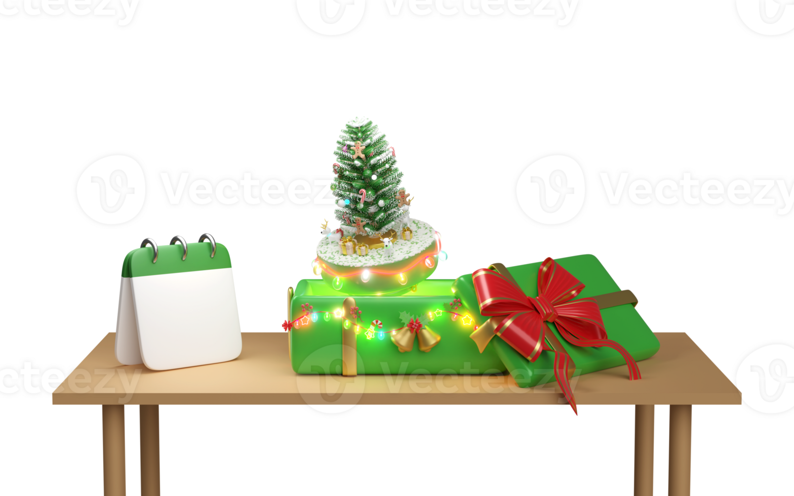 cadeau boîte avec Noël arbre, calendrier, clair verre lanterne guirlandes sur le tableau. joyeux Noël et content Nouveau année, 3d rendre illustration png