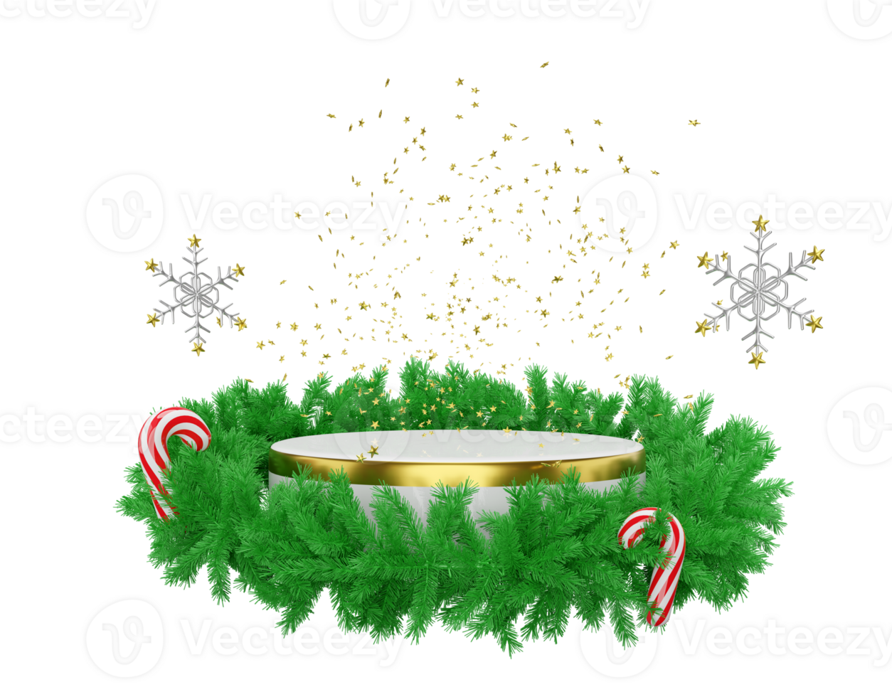 3d cylinder stage podium empty with wreath pine leaves, candy cane, snowflake. merry christmas and happy new year, 3d render illustration png