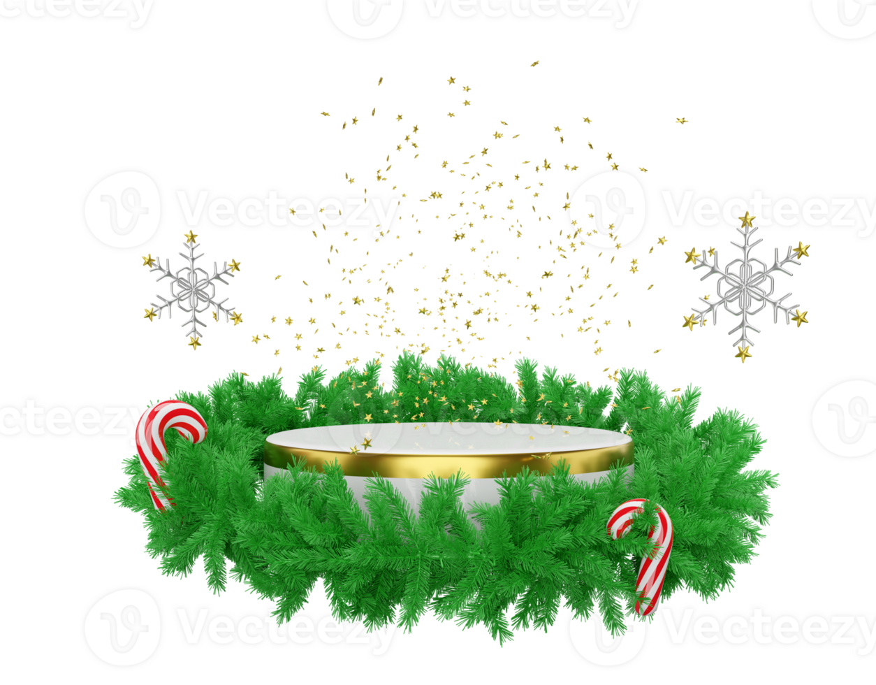 3d cilindro palcoscenico podio vuoto con ghirlanda pino foglie, caramella canna, fiocco di neve. allegro Natale e contento nuovo anno, 3d rendere illustrazione png