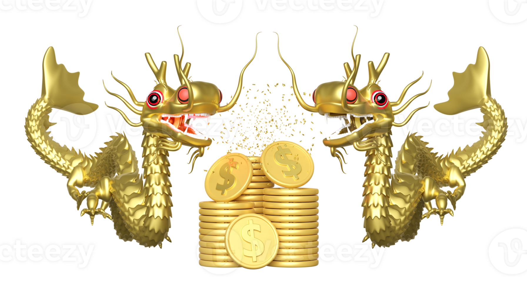 3d two gold dragon with Gold dollar coins stacks, chinese new year 2024 capricorn. 3d render illustration png