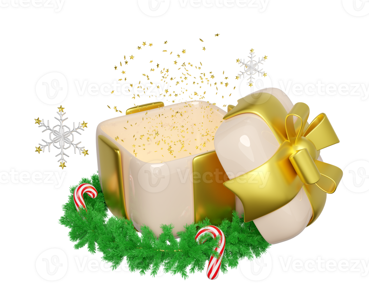 3d open gift box empty with wreath pine leaves, candy cane, snowflake. merry christmas and happy new year, 3d render illustration png